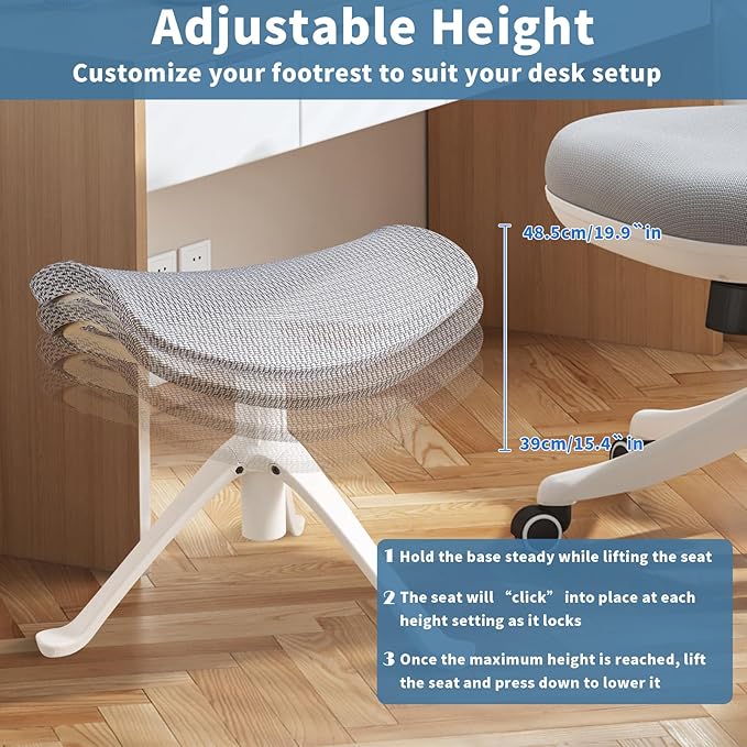 Under Desk Footrest, 2-in-1 Height Adjustable Rotatable Ergonomic Under Desk Foot Rest Ottoman, Rolling Leg Rest Stool with Breathable Mesh and Nylon Frame for Home Office