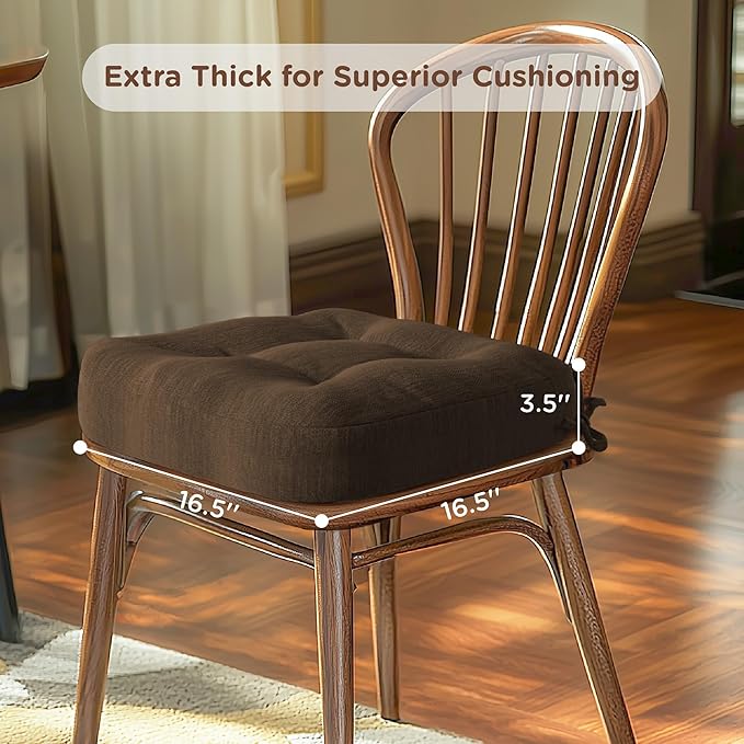 Codi 6 Pack Dining Chair Cushions, Thick Chairs Pads for Indoor Kitchen Room - Washable, Non-Slip Memory Foam Seat Cushion with Ties, 16.5"x16.5"x 3.5", Set of 6, Brown New