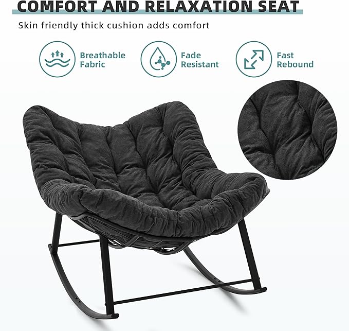 Oversized Rocking Chair Indoor, Papasan Rocking Chair Outdoor, Lounge Chair with Cushion, Patio Egg Rocker Chairs, Comfy Reading Chairs for Bedroom, Living Room, Garden, Lawn, Dark Grey