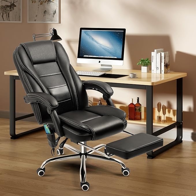 TonghuaS Massage Office Chair with Foot Rest Vibration and Heating, 90-130° Reclining Desk Chair, Ergonomic Reclining Computer Gaming Leather Chair(Black)