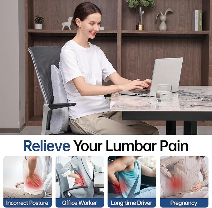 Lumbar Support Pillow for Office Chair Car Seat Gaming Chair, Memory Foam Back Support Pillow, Lumbar Cushion Back Cushion for Lower Back Pain Relief, Adjustable Strap Washable Cover-Light Grey