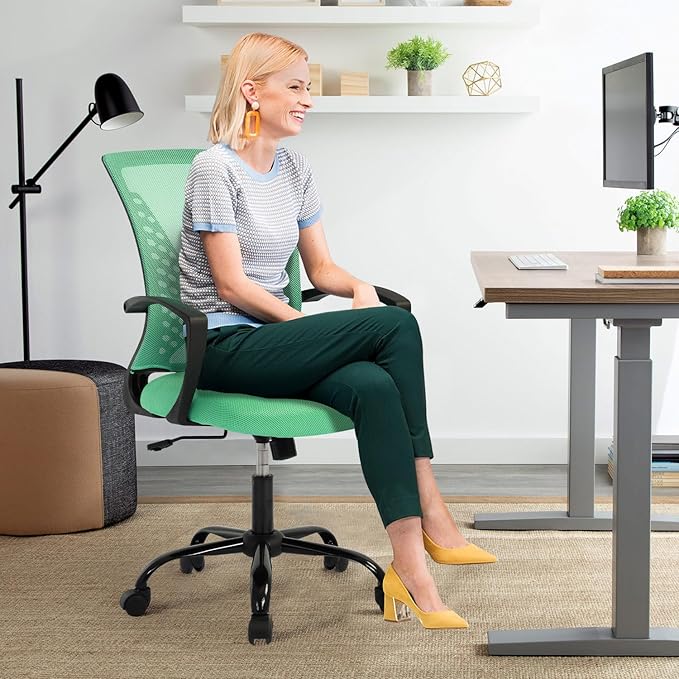 Comfortable Office Chair for Home - Ergonomic Computer Chair with Mesh Back & Lumbar Support, Adjustable Swivel Task Chair for Long Sitting, Mid Back Design (Green)