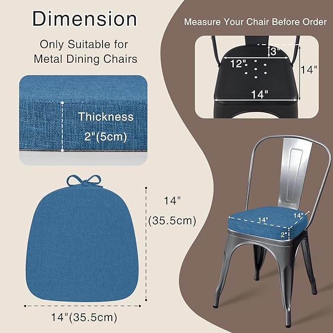 OVOV 14x14 Chair Cushions for Metal Dining Chairs Set of 2 Non Slip Thick Textured Chair Pads for Dining Chairs with Ties and Removable Cover (2, Blue)