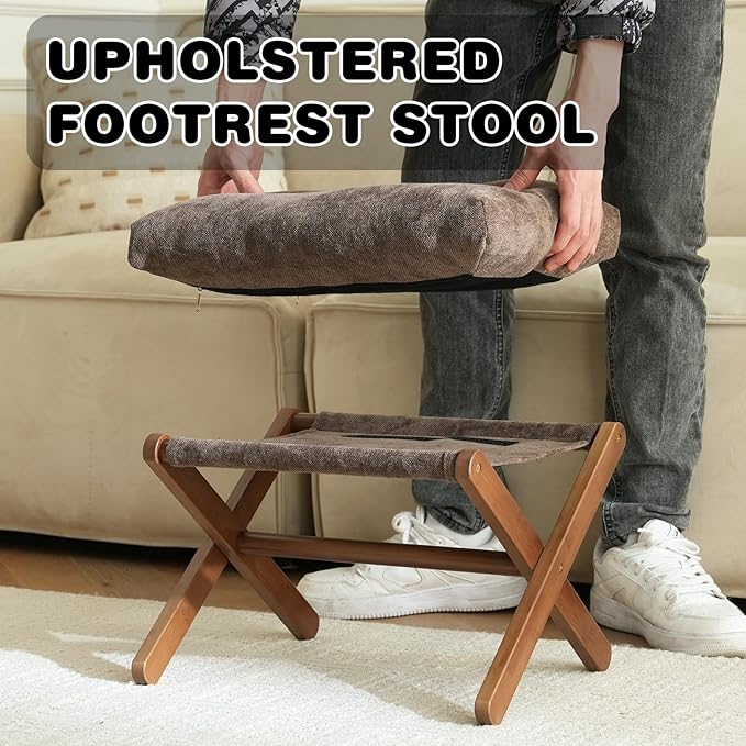 Baveke Ottoman Foot Rest- Bamboo Foldable Stool, Foot Stools Small Ottman with Upholstered & X Legs, Folding Stool for Makeup, Bedroom and Living Room (Small Brown)