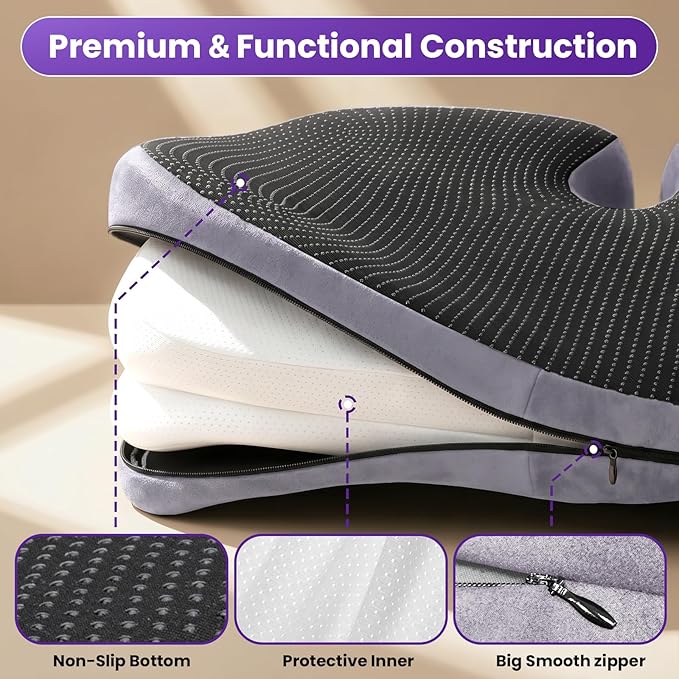 ZZ-WELL Seat Cushions for Office Chairs - Patented Extra Large Seat Cushion 21.2" W x 16.5" L - Memory Foam Seat Cushion for Tailbone Pain Relief, Sitting Pressure Relief (Light Grey)