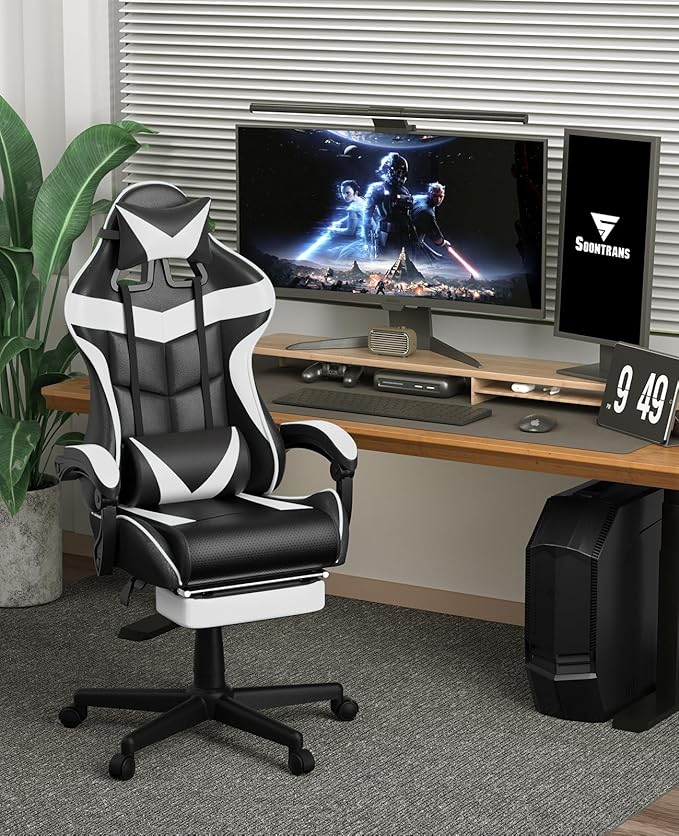 Soontrans White Gaming Chairs with Footrest, Video Game Chairs for Adults Teens,Ergonomic Gamer Chair with Headrest, Lumbar Support Adjustable Recliner Chair(Polar White)