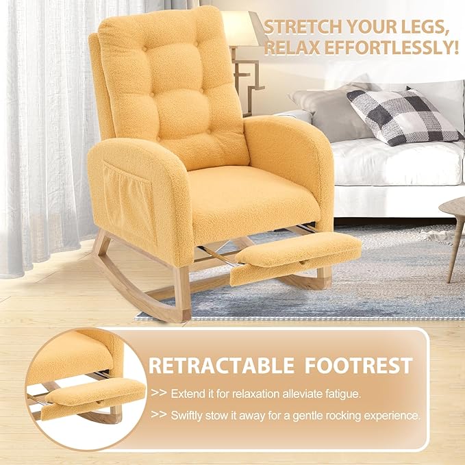 cinkehome Nursery Rocking Chair with Retractable Foot Rest, Teddy Glider Rocking Chair, Mid Century Rocker Chair, High Back, Solid Wood Legs