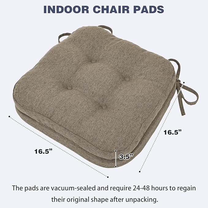 baibu Set of 6 Dining Chair Cushions, Dual-Layer Patent Design Memory Foam Kitchen Chair Cushions, Non-Slip Seat Pads with Ties, 16.5 x 16.5 x 3.5in, 6 Pack, Brown