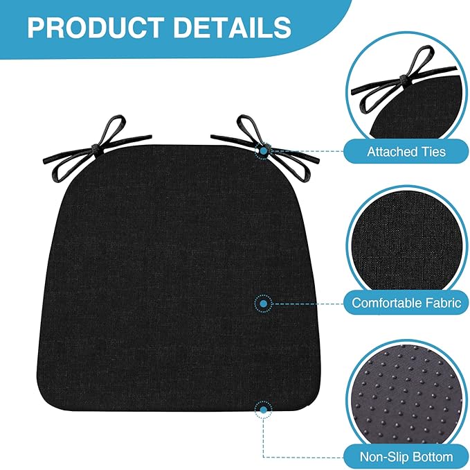 IASEAHK Chair Cushions for Dining Chairs Set of 2, Non Slip Kitchen Chair Pads, 17" x 16" x 2", Indoor Dining Chair Cushions with Ties, D-Shaped Seat Cushions for Kitchen Chairs, Black