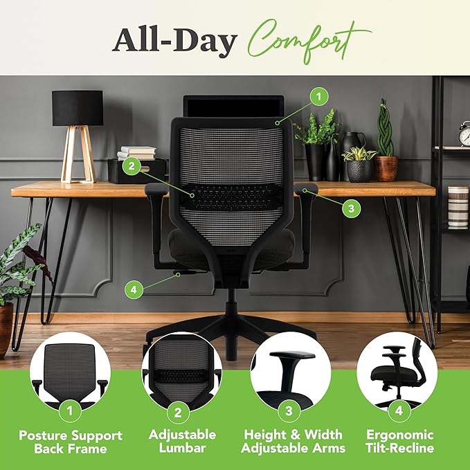 HON Solve Office Chair, Ergonomic Office Chair Mesh Back Support, Adjustable Lumbar Support, Height Adjustable Arms, Titanium Frame, Frost