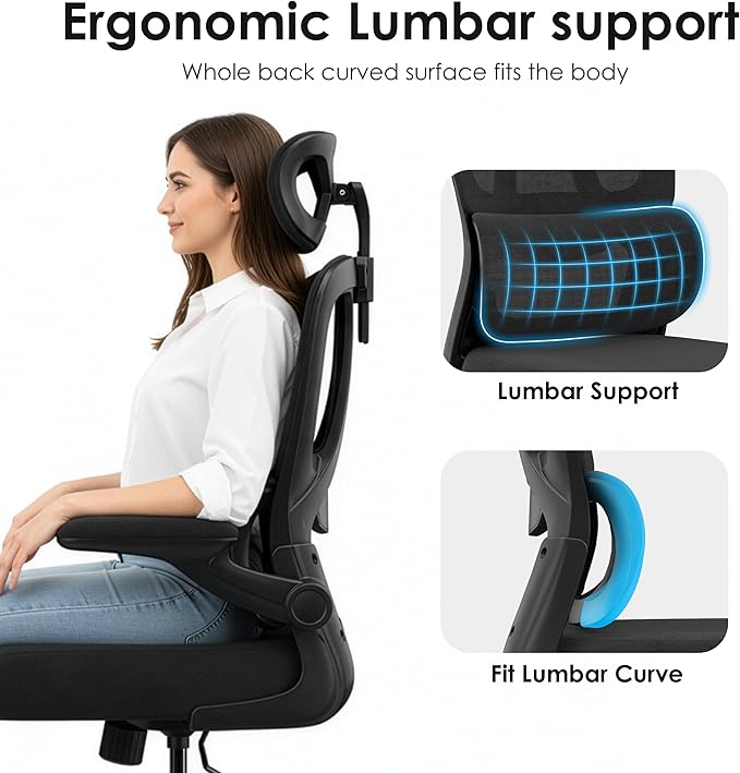 Breathable All-Mesh Ergonomic Chair with Headrest - High Back Desk Chair for Cool, Sweat-Free Work Sessions, Silent Casters Perfect for Bedroom Office (Black)