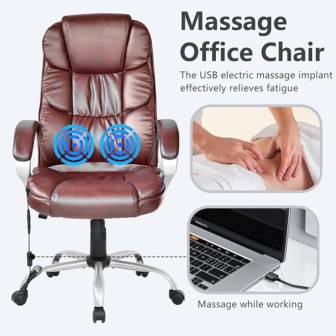 FDW Office Chair Massage Computer Chair High Back Adjustable Desk Chair Rolling Swivel Executive Chair PU Leather with Lumbar Support Arms Headrest Task Chair,Brown