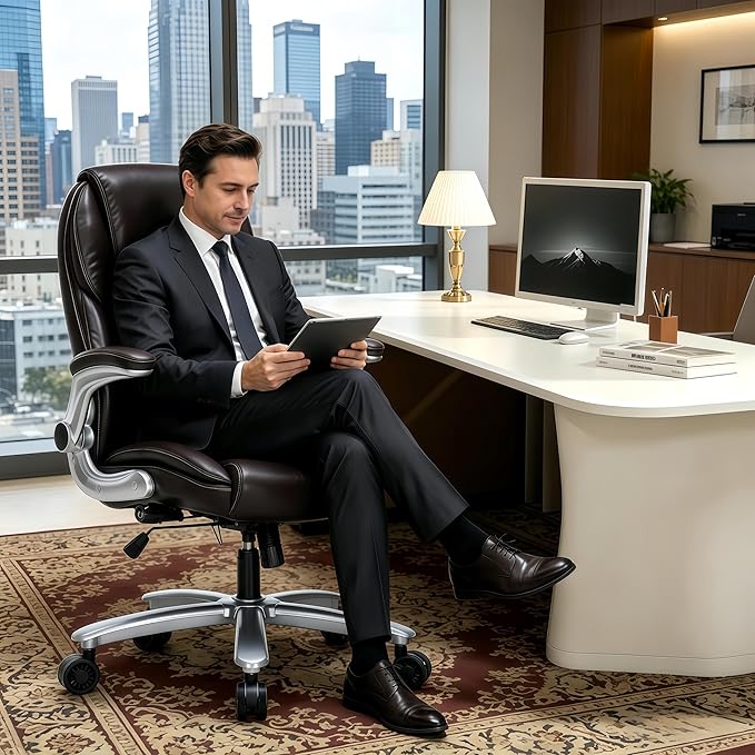 Big and Tall Office Chair, Ergonomic Desk Chair with Flip-up Arms, PU Leather Office Chair for Home Office, Computer Chair with Adjustable Lumbar Support, Space Saving Executive Task Chair