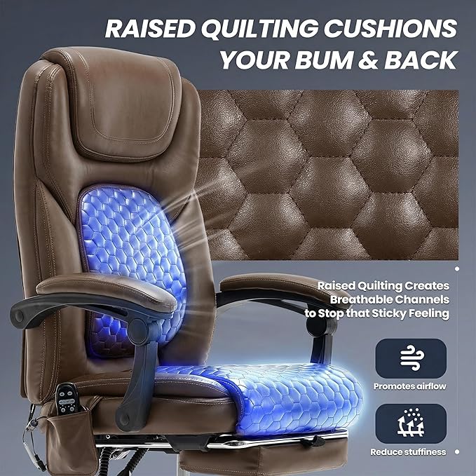 MALOL Massage Office Chair with 3-Level Heat and Footrest – 20-Min Easy Assembly, 300 lbs Big and Tall Reclining Desk Chair, PU Leather Ergonomic Executive Computer Chair with Side Pocket, Brown