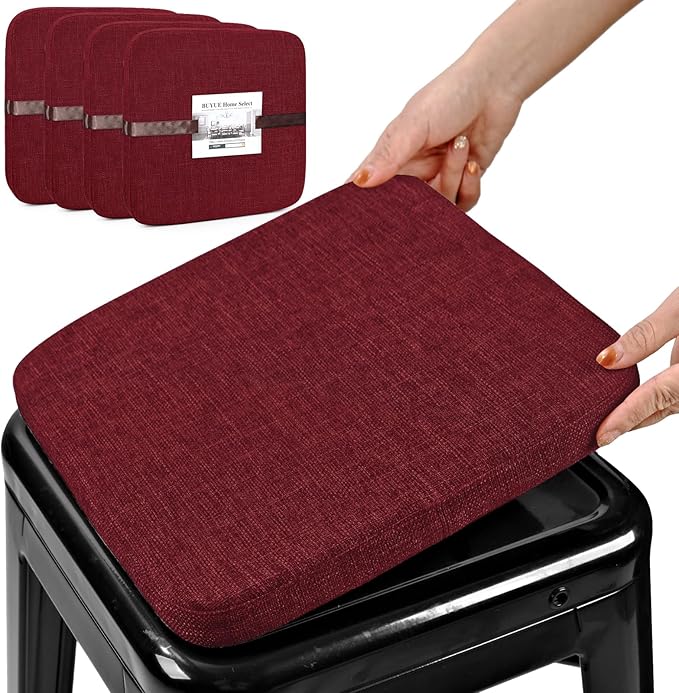 BUYUE Friendly Woven Fabric Magnetic Bar Stool Cushions Set of 4, Enhanced Anti-Slip Breathable Small Chair Seat Pads for Café Bistro Stackable Metal Stools (Square, Red, 4 Counts)
