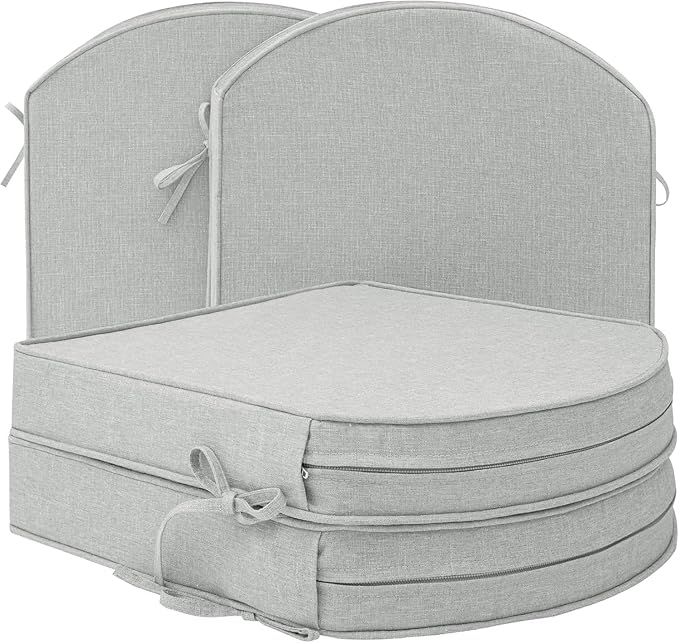 Outdoor Chair Cushions, Fade-Resistant & Water-Resistant, D Shaped Patio Furniture Seat Chair Pads Replacement with Ties, Non-Slip Bottom, Removable Cover, Set of 4, 19 x 19 Inch, Light Grey