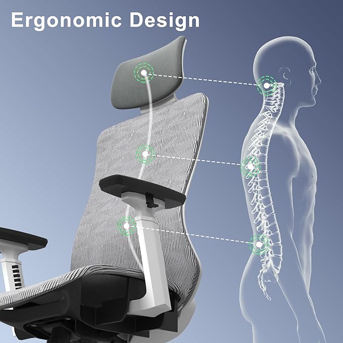 Logicfox Ergonomic Office Chair, High Back Mesh Desk Chair - Adjustable Lumbar Support & 3D Armrests, Swivel Computer Chair with Headrest, Tilt Lock & PU Wheels for Home Office, Long Hours Work