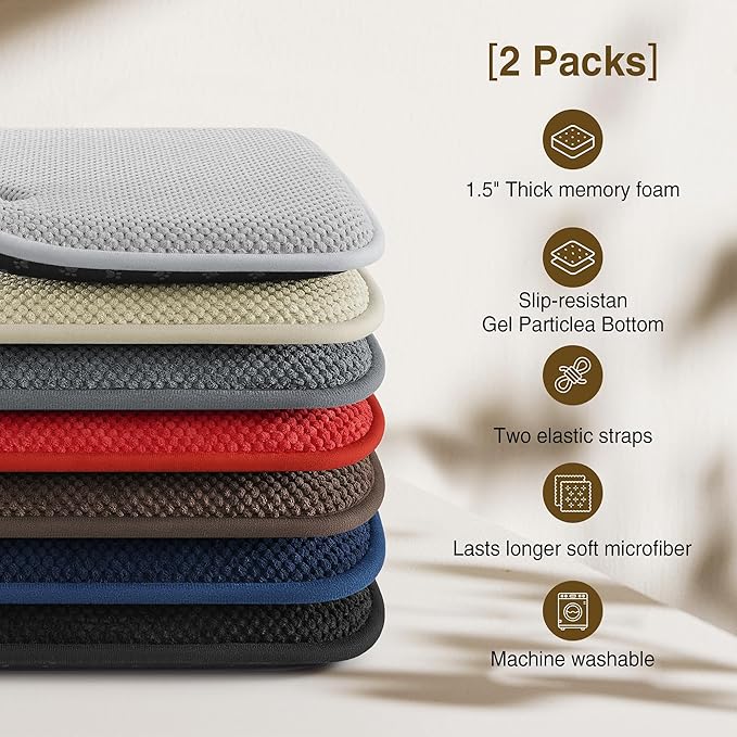 puredown® Chair Cushions for Dining Chairs, Set of 2 Memory Foam Seat Cushions with Non-Slip Backing & Ties, 16" x 16" x 1.5", Comfortable & Supportive Dining Chair Pads for Kitchen, Red