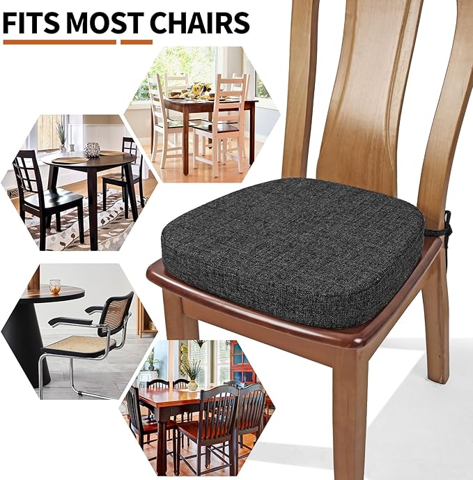 SINOSSO Thickened 2.5" Dining Chair Cushions, Soft Blended High Density Support Foam Kitchen Seat Cushions with Ties, U-Shaped Non-Slip Indoor Chair Pads, 16.5" x 16", 2 PCS, Black-Gray