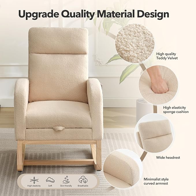 Nursery Rocking Chair with Foot Rest, High Back Upholstered Glider Rocker Chair, Solid Wood Base Lounge Chair for Mom Feeding, Living Room Bedroom Relaxation
