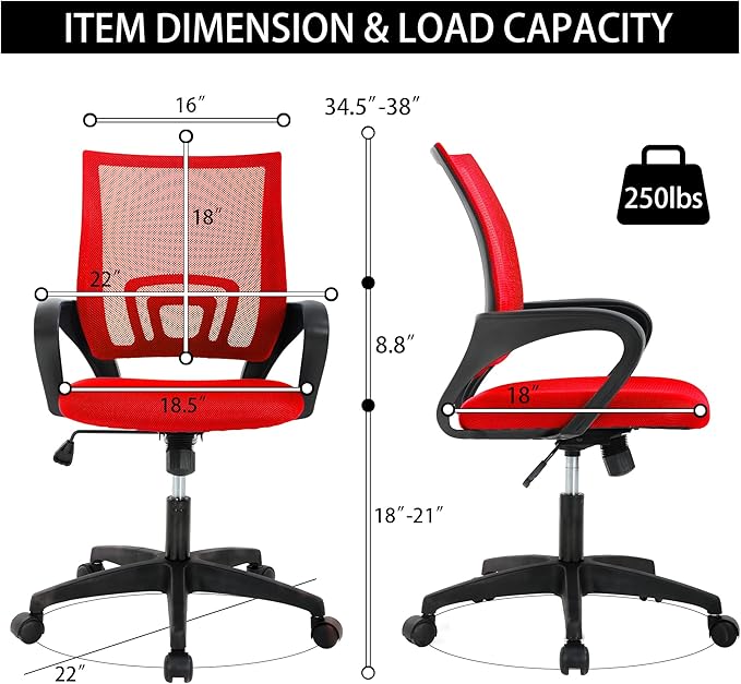 Office Chair - Breathable Mesh, Adjustable Height & Tilt, Professional Desk Chair for Long Hours, PVC Base, Red
