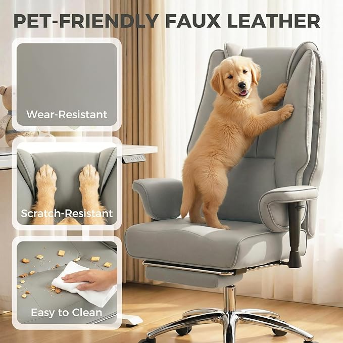 HOMCOM Ergonomic Executive Office Chair with Foot Rest, Reclining Swivel Computer Desk Chair with Adjustable Armrests, Spring Seat, High Back, Thick Cushion, Pet Friendly Faux Leather, Light Gray