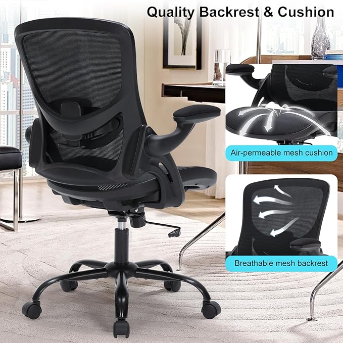 Ergonomic Office Chair with Flip-up Arms, Space Saving Mesh Desk Chair with Adjustable Lumbar Support & Headrest, Breathable Executive Computer Chair, Heavy Duty Swivel Task Chair 300LBS