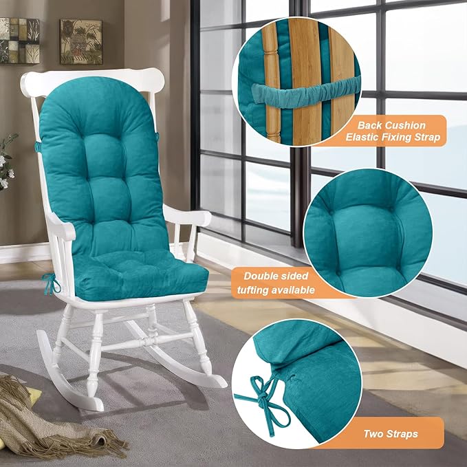 Rocking Chair Cushion - Chenille Fabric, High-Density Sponge, Durable Comfort Double-Sided Tufted Seat Pads with Ties, Chenille︱Blue, 44x19x4 inch