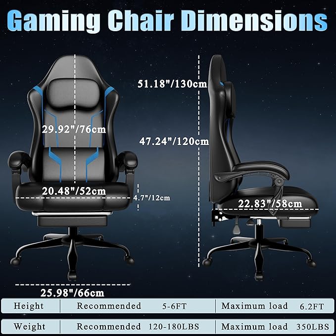 Ergonomic Gaming Chair, Video Game Chair with Pocket Spring Cushion and Footrest, Height Adjustable Computer Chair with Swivel Seat and Headrest (Blue)