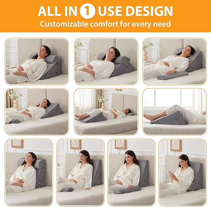 Ruqmuis 3PCS Wedge Pillow Set for After Surgery, Adjustable 9&12 Inch Bed Wedge Pillow for Sleeping, Incline Pillow Wedge for Headboard, Post Surgery, Acid Reflux, Neck&Back Support, Velvet