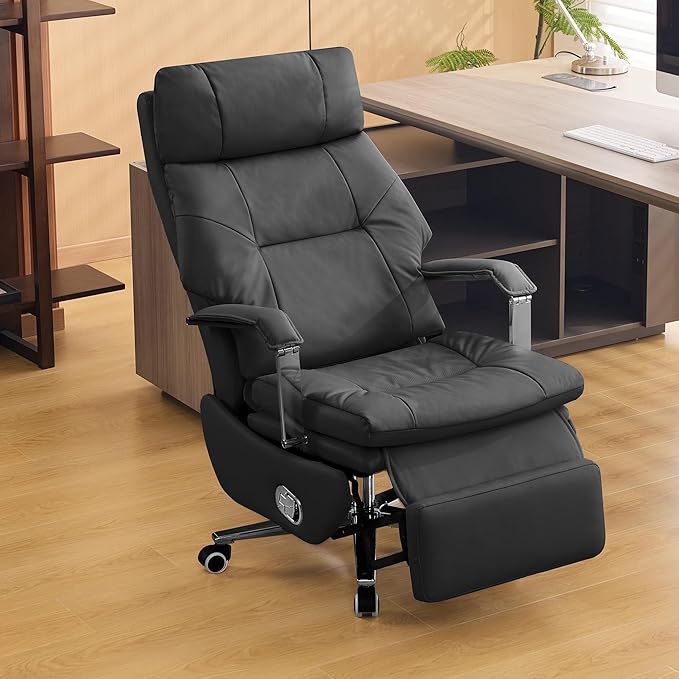 Big and Tall Executive Office Chairs with Footrest, Ergonomic 360° Swivel Desk Chair High Back Recliner, Manual 150° Reclining Computer Gaming Chair with Wheels for Home Office Faux Leather, Black