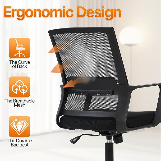 Ergonomic Office Chair, Comfortable Home Desk Chair, Breathable Mesh Back Computer Chair and Lumbar Support, Adjustable Height, Sponge Seat, Black