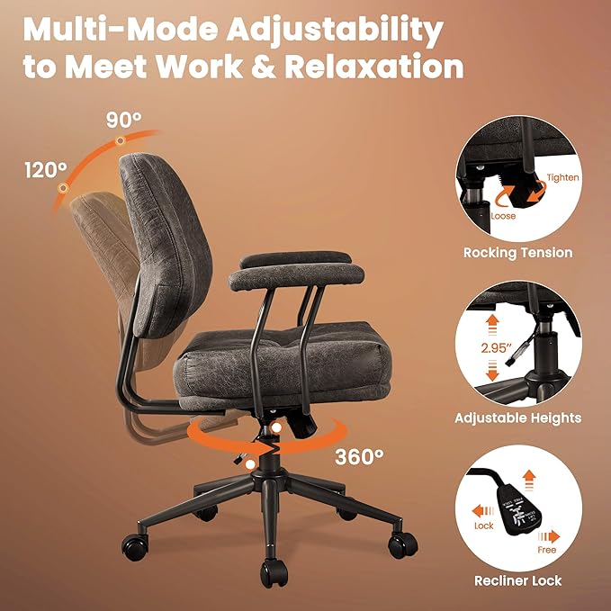 Leather Home Office Chair, Mid Back Ergonomic Desk Chair with Lumbar Support, Mid Century Modern Deep Seat Swivel Rocking Computer Chair, Dark Gray