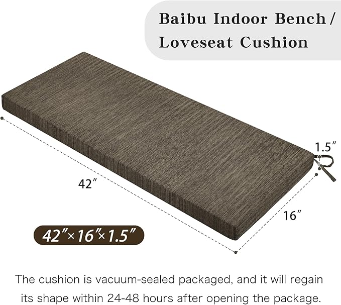 baibu 42 Inch Classic Solid Color Bench Cushion with Ties, Non-Slip Indoor Outdoor Rectangle Bench Seat Cushion Standard Size Foam Pad with Machine Washable Cover (Brown, 42x16x1.5in)