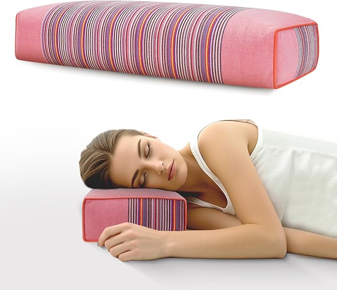 Buckwheat Pillow for Neck Pain Relief 21x8x4in Natural Cooling Cervical Support Adjustable Hull Pillow for Side and Back Sleepers with Night Sweats Organic Hypoallergenic (Light Red)