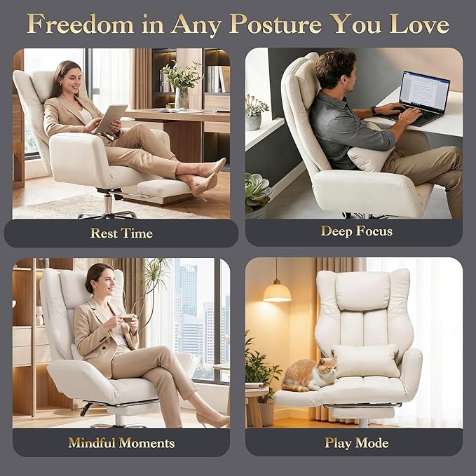 High Back Executive Office Chair with Footrest, Reclining PU Leather, Lumbar Support, Criss Cross Style, 155° Recline (Beige)