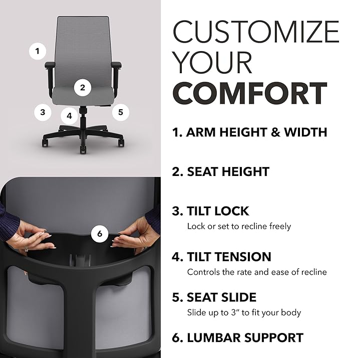 HON Ignition 2.0 Mid Back Task Chair, Standard Synchro-Tilt Control, Office Chair with Lumbar Support, Height and Width Adjustable Arms, Black Frame, Frost