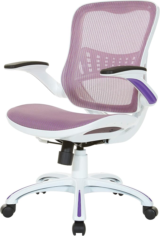 OSP Home Furnishings Riley Ventilated Manager's Office Desk Chair with Breathable Mesh Seat and Back, White Base with Purple