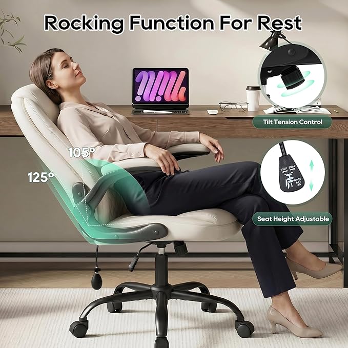 MALOL Leather Office Chair, Home Desk Chair with Adjustable Lumbar Support, Thick Cushion, Flip-Up Arms and Ergonomic Back, Comfy Executive Office Chair for Home Office,Beige