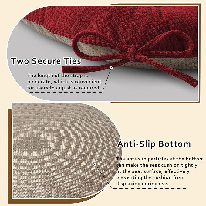 ELFJOY Dining Chair Cushions Thick Non Slip Kitchen Chair Pads with Ties Comfortable Indoor Kitchen Seat Cushions 18" x 18" x 3" (2, Red)