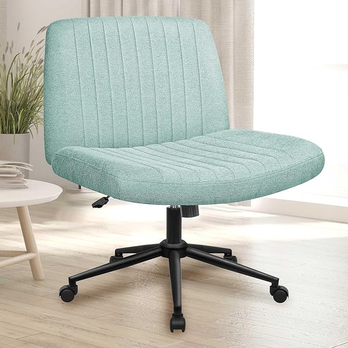 NEO CHAIR Criss Cross Chair with Wheels Armless Cross Legged Office Desk Wide Comfy Vanity Makeup Chair Adjustable Swivel Rolling Computer for Home Office Fabric (Mint)