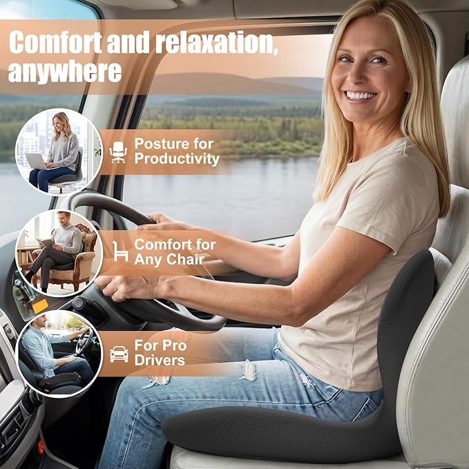 Car Seat Cushion with Lumbar Support for Long Driving Truck/RV, Ergonomic Memory Foam Office Chair Cushion for Sciatica, Tailbone & Lower Back Relief, Ideal Gift for Driver & Office Worker (Embroider)