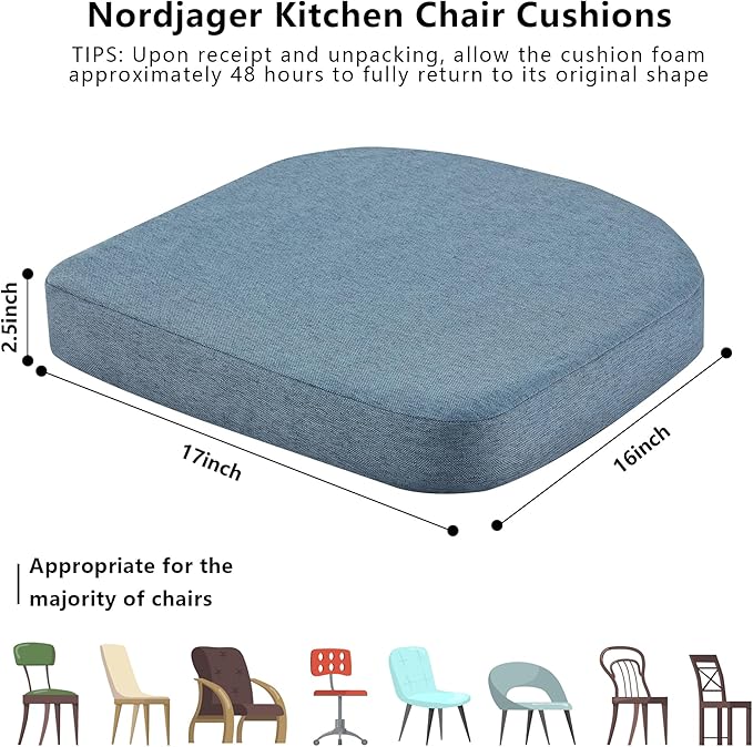 Nordjager Chair Pads for Dining Chairs, Chair Cushions 2 Piece, 17"x 16"x 2.5" Memory Foam Seat Cushions with Ties and Removable Cover