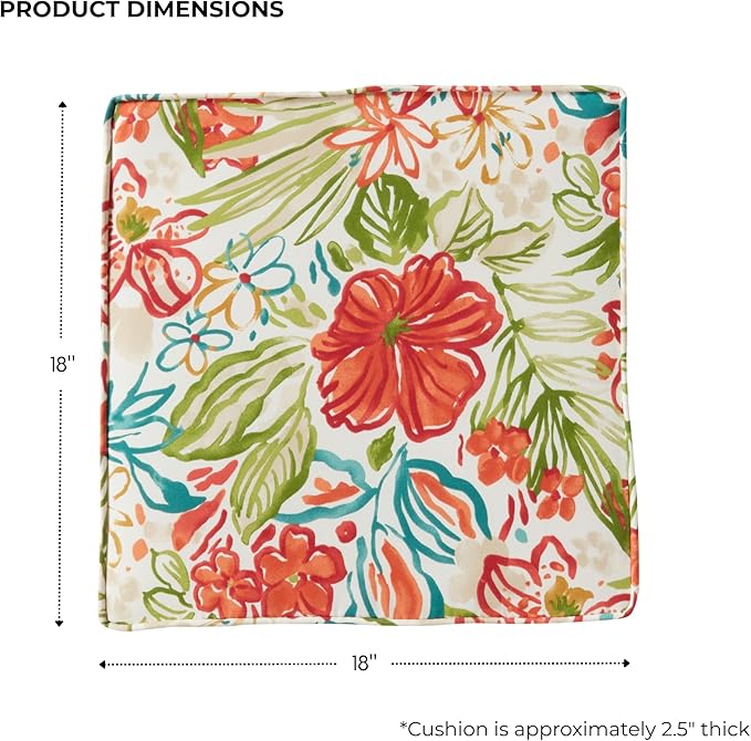 Outdoor 18 inch Square Patio Dining Chair Pads – Comfortable Fiber-Filled Seat Cushions with Ties, Reversible Polyester Fabric - Breeze Floral, Set of 2