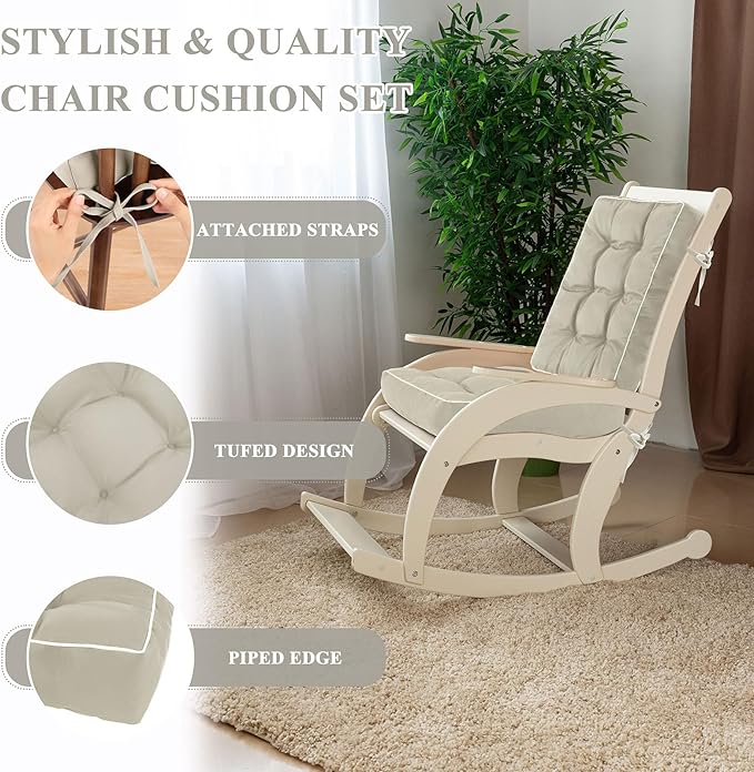 Topotdor Jumbo Rocking Chair Cushions Indoor, Tufted Rocking Chair Seat Cushion for Patio Furniture, Water Resistant Rocking Chair Pads with Ties for Nursery Balcony Chair, Hazel
