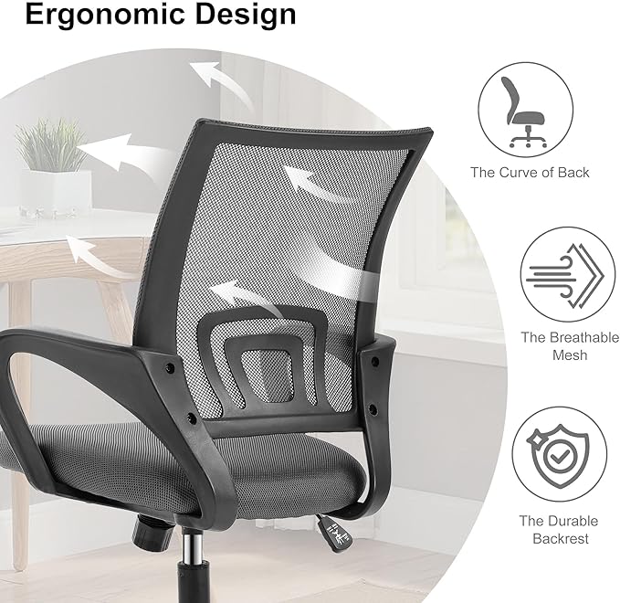 Computer Desk Chair,Work Chairs for Home Office,Ergonomic Office Chair with Lumbar Support,Mesh Office Chair with Arm and Wide Comfortable Seat,Adjustable Rolling Office Chair,Grey