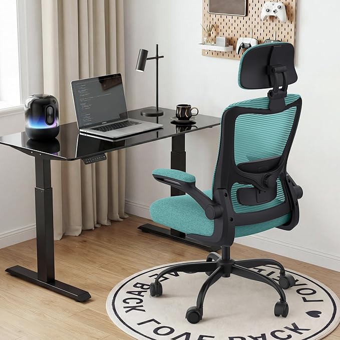 Office Chair, Ergonomic Mesh Desk Chair with Adjustable Lumbar Support and Headrest, Flip-up Armrests, High Back Computer Task Chair for Home and Executive Office (B-All Green)