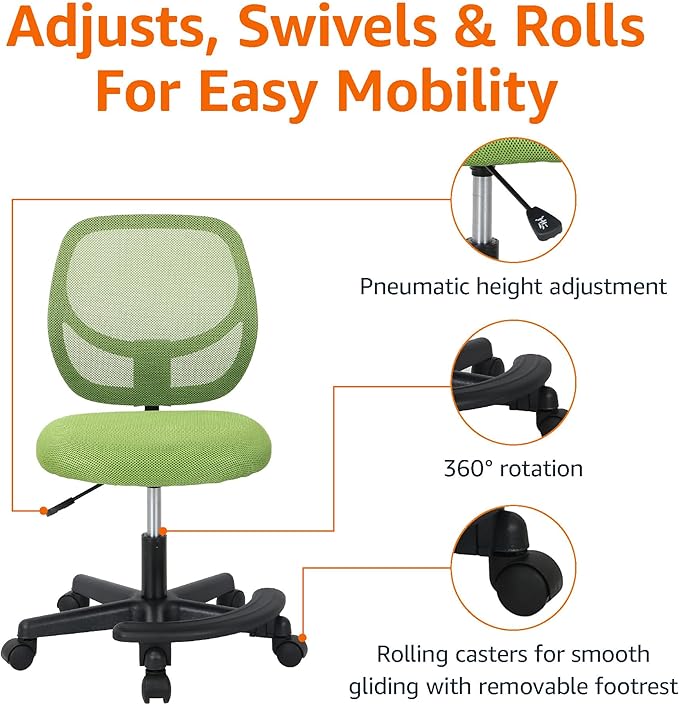 Amazon Basics Kids Adjustable Height Mesh Low-Back Swivel Desk Chair with Footrest, Rolling Computer Chair for Student Homework, Green
