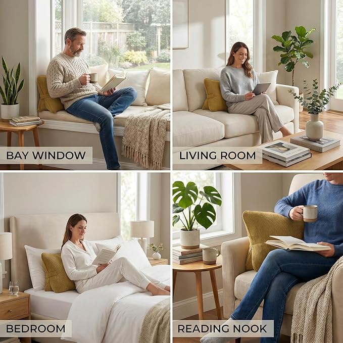 Pat. Pend. Corduroy Lumbar Support Back Pillow for Reading & Lounging, Ergonomic Triangle Cushion for Sofa, Armchair & Bed Sitting, Removable Washable Cover, Mustard Yellow