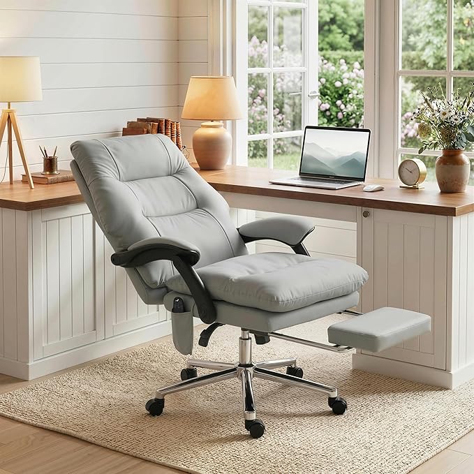 HOMCOM Massage Office Chair with 6-Point Vibration, Pet-Friendly Faux Leather Ergonomic Executive Desk Chair with Double-Layer Spring Cushions, Wide Seat, High Back, Reclining, Footrest, Light Gray